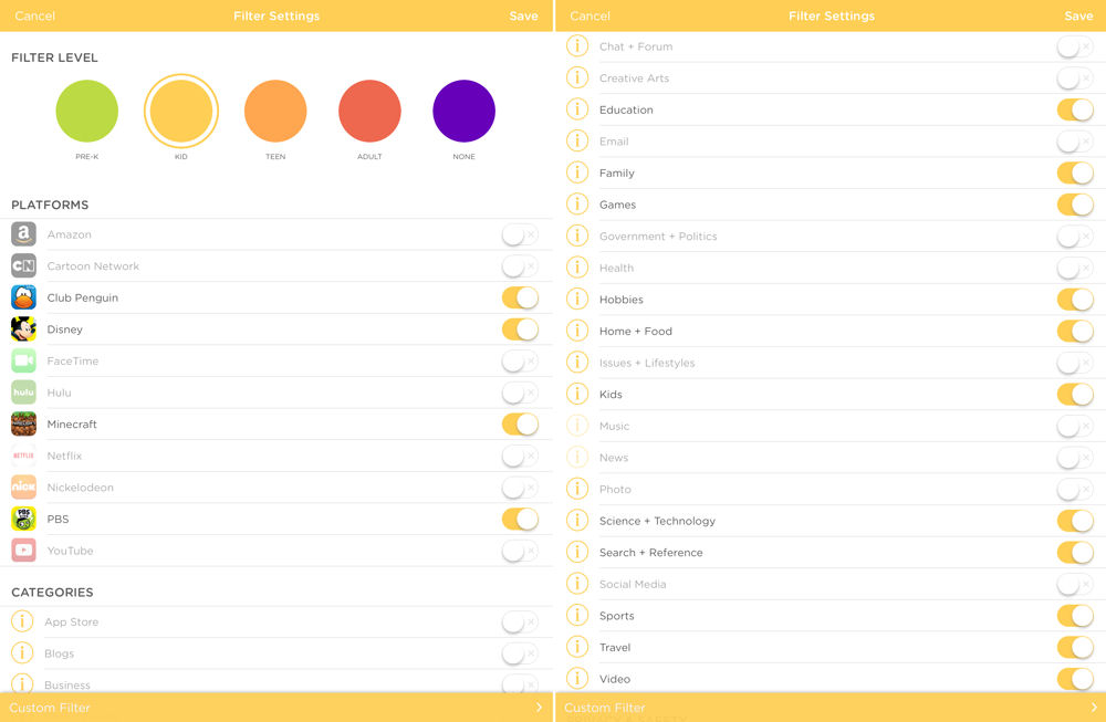 Circle Kid profile filter configuration