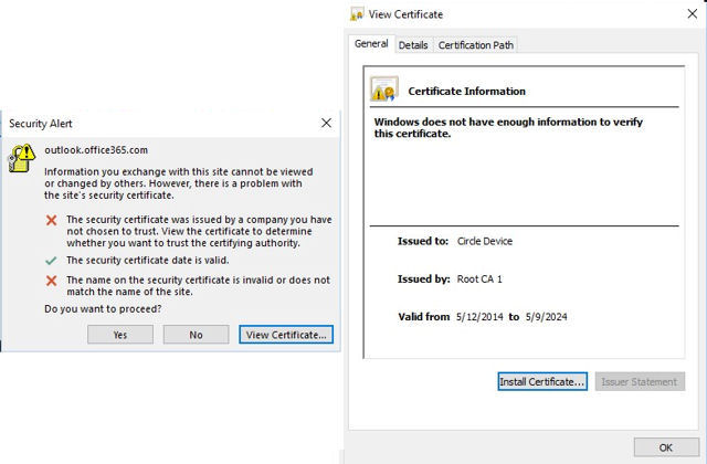 Outlook Security Warning and Circle Certificate