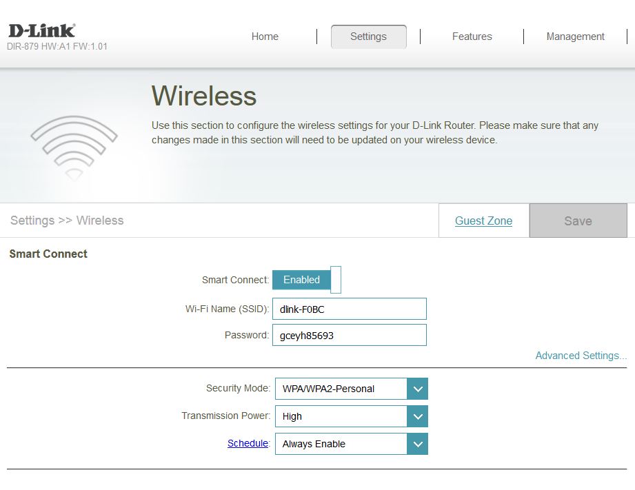 D-Link DIR-879 Smart Connect WLAN default