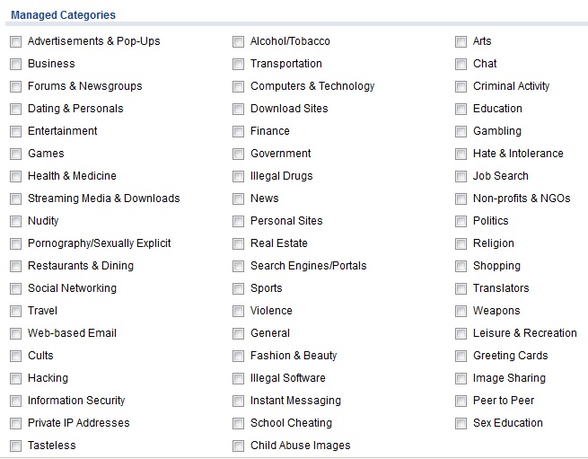 Content Filtering Categories