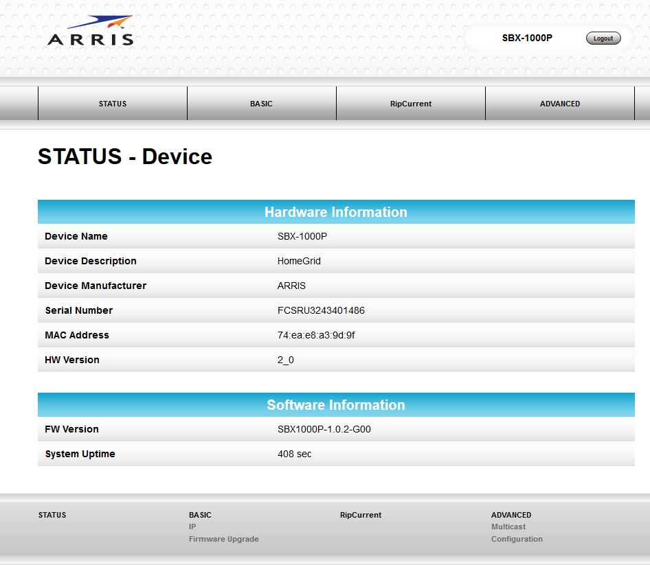 Arris SBX-1000P web admin