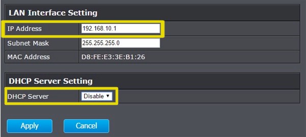 Change the LAN IP and disable the DCHP server