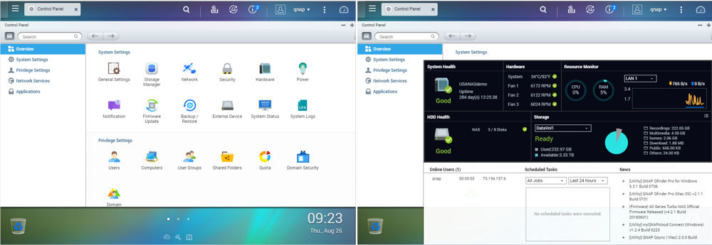 QNAP QTS 4.2.2 Control panel (l) and Resource monitor (r)