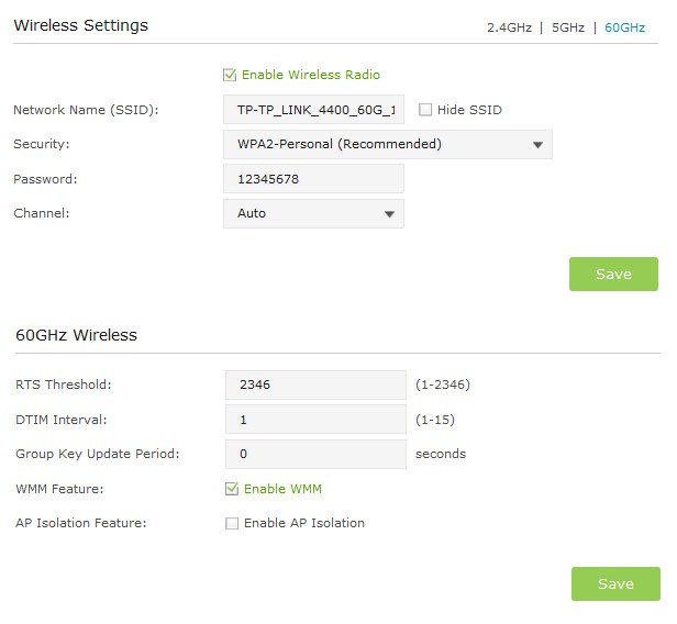 60 GHz radio settings