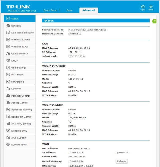 TP-LINK Archer C5 V2 advanced interface