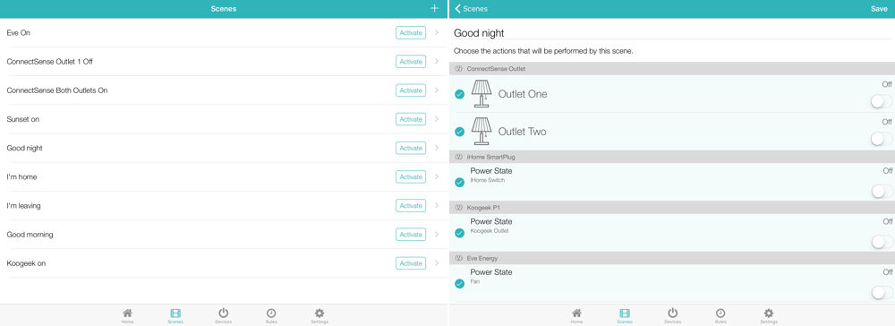 Grid Connect ConnectSense Scenes summary (left) and Scene configuration (right)