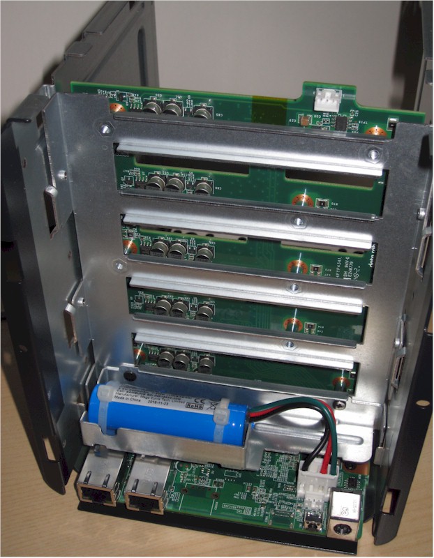 Drobo 5N2 inside, behind drive backplane