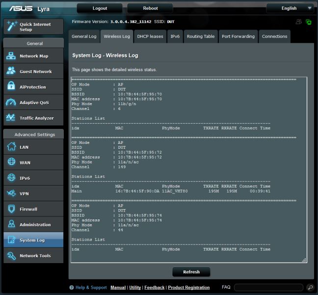 ASUS Lyra web GUI - Wireless Log