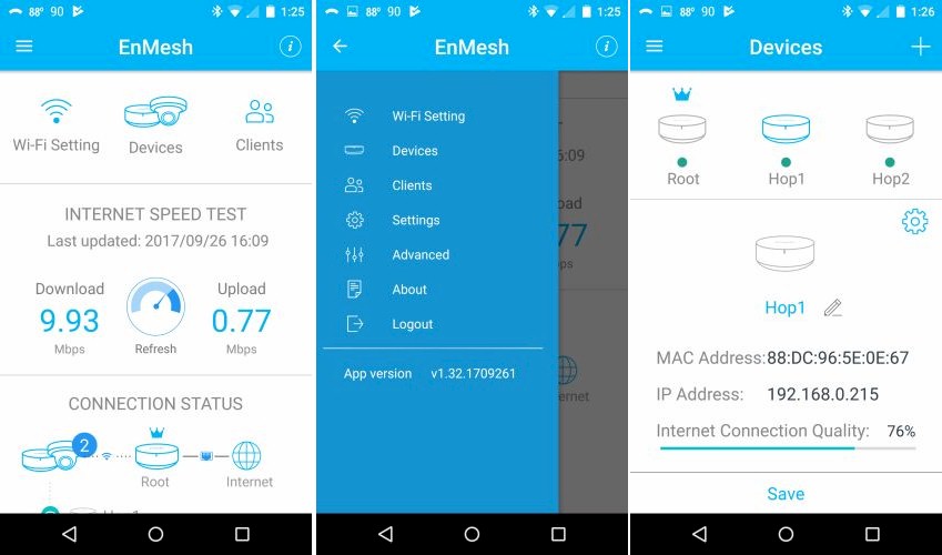 EnMesh app - Home, Menu, Devices