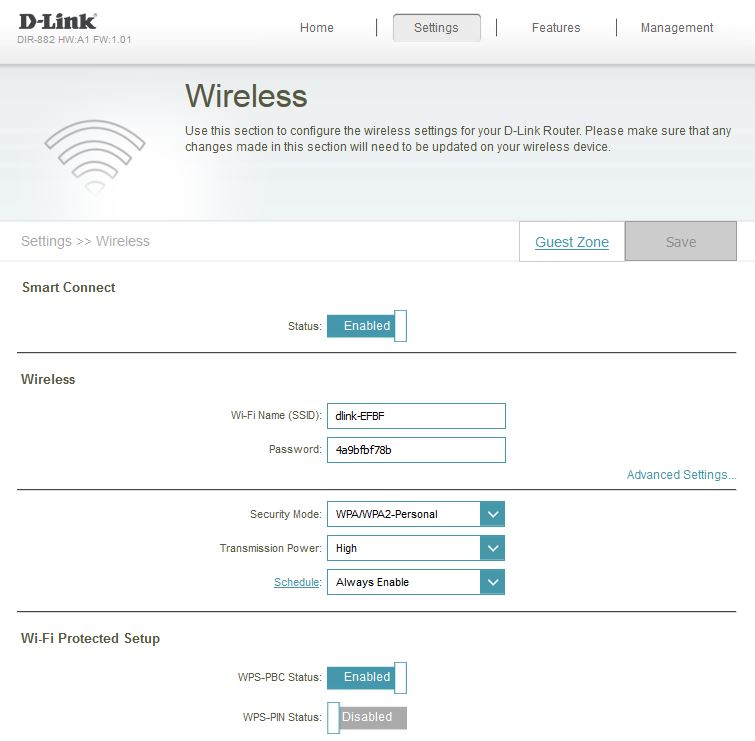 D-Link DIR-882 Smart Connect WLAN default