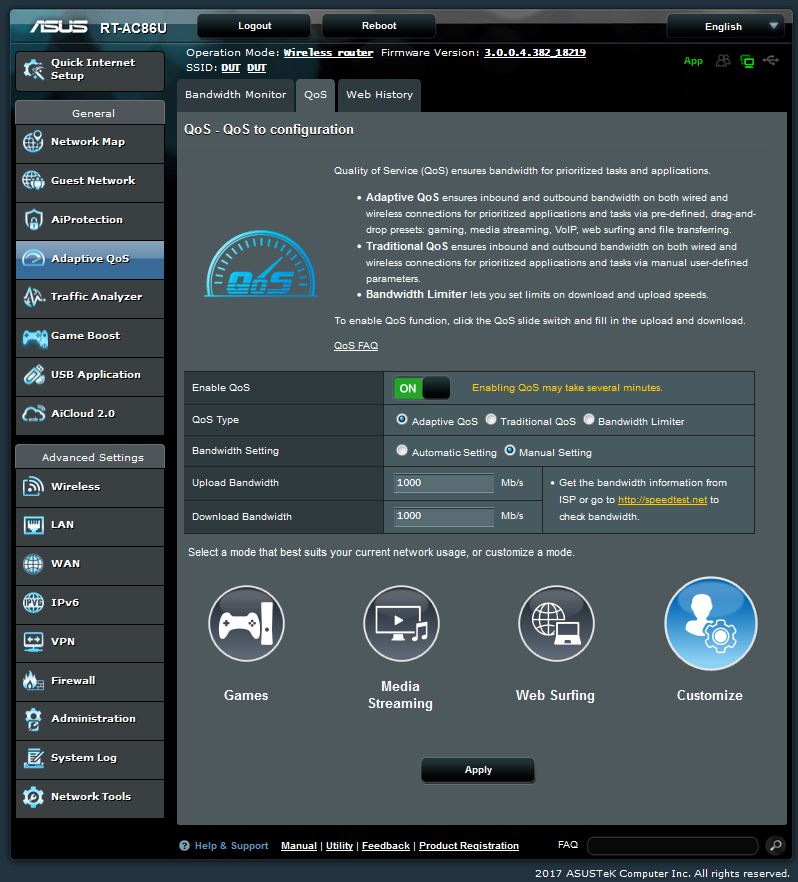 Adaptive QoS menu