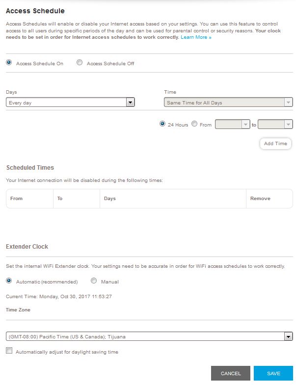 >Access schedule” title=”Access schedule”></p>
<h6>Access schedule</h6>
<p>Wireless controls in extender mode shown below are pretty limited. You can’t change the 2.4 GHz channel, since it must be the same as the router it is extending. The 5 GHz channel selection changes depending on which 5 GHz radio is being used for backhaul.</p>
<p><img decoding=