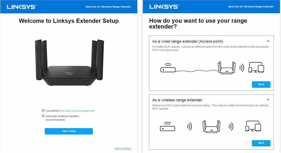 Linksys RE9000 setup wizard start