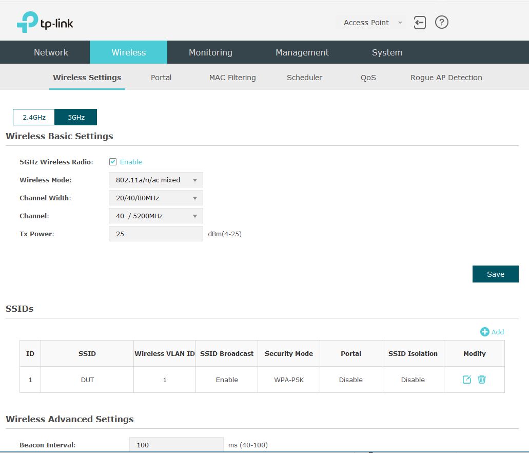 TP-Link EAP225 web GUI