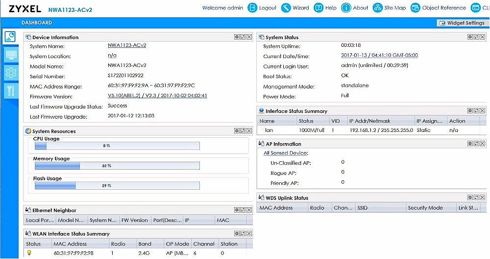 ZyXEL NWA1123-ACv2 web GUI