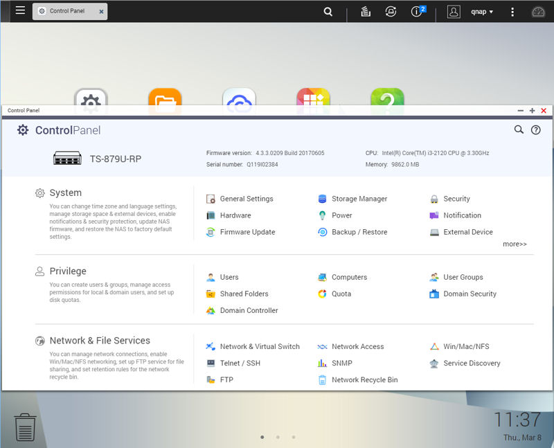 QNAP QTS 4.3 Control Panel