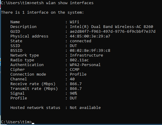 Windows netsh command result