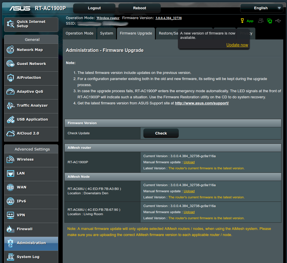 Firmware upgrades are done from the AiMesh Router's own firmware upgrade dialog