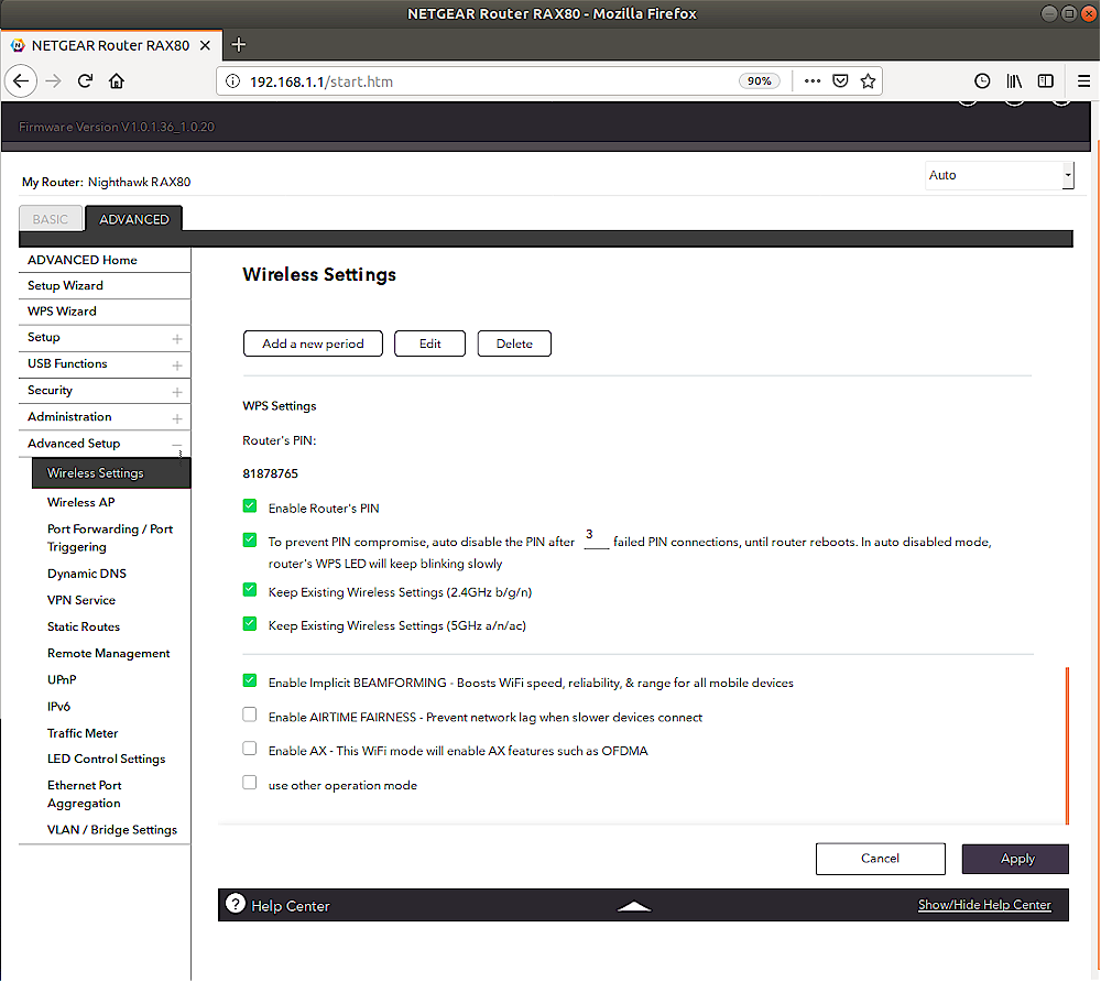 NETGEAR RAX80 advanced wireless settings defaults