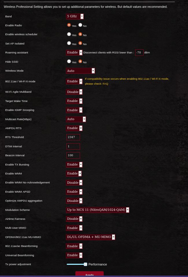 ASUS GT-AXE11000 5 GHz "Professional" settings