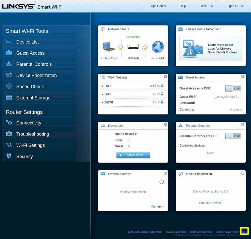 Linksys Smart Wi-Fi UI Home